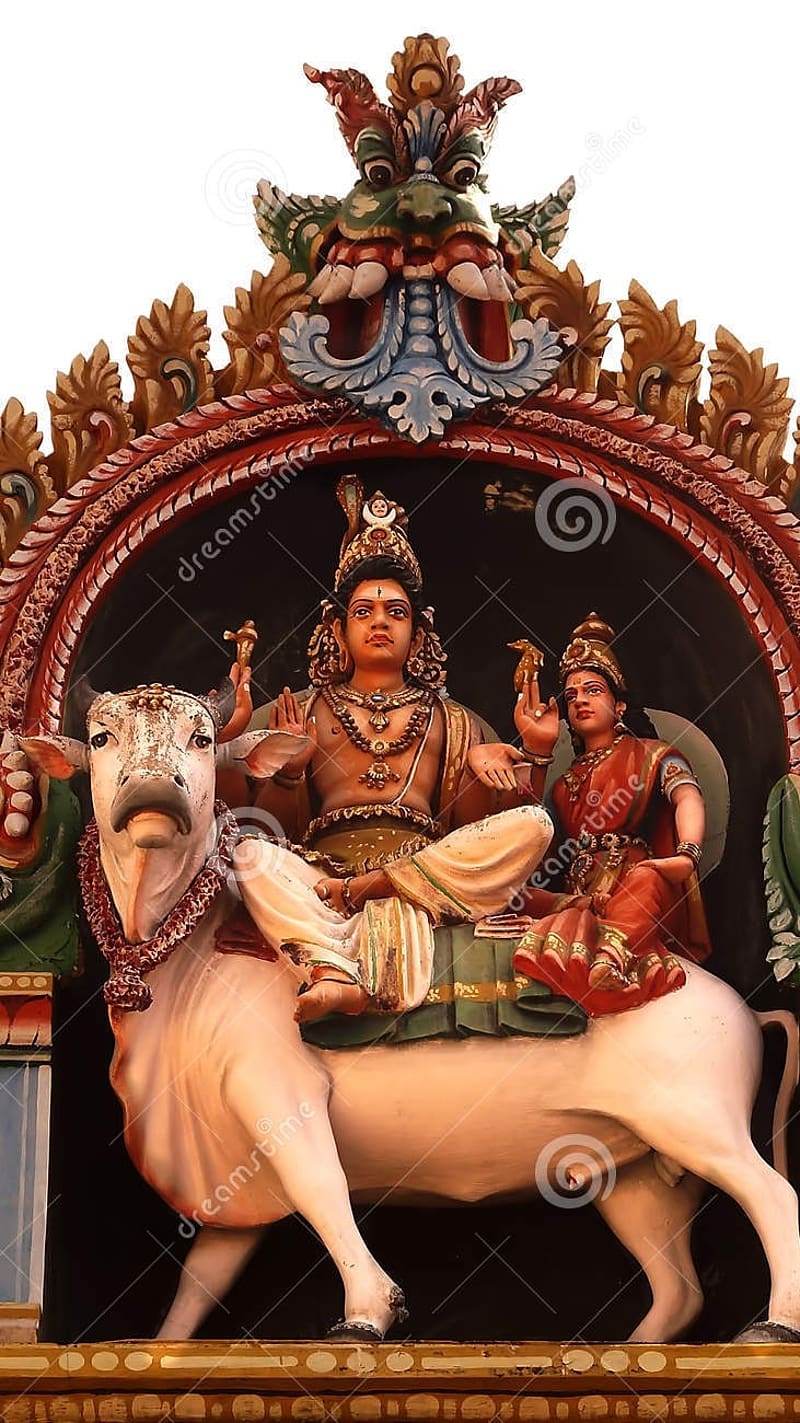 Shiv Parvati Sitting On A Cow In A Gopuram, shiv parvati, sitting on a cow in a gopuram, bhakti, HD phone wallpaper