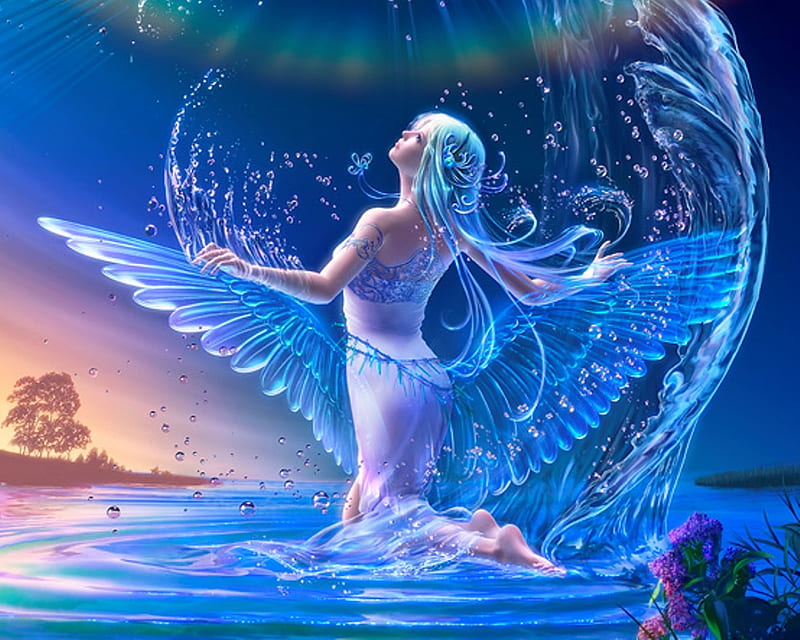 Naiad, pretty, wet, divine, bonito, sublime, sweet, nice, fantasy, anime, bubbles, hot, beauty, realistic, long hair, gorgeous, blue, female, wings, lovely, angel, spendid, sexy, water, girl, fantasy girl, awesome, aqua hair, great, HD wallpaper