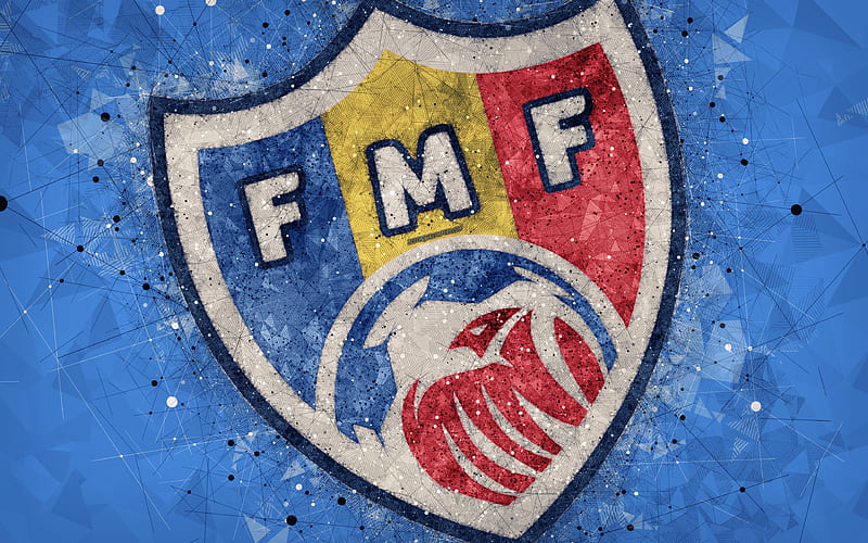 Moldavia national football team geometric art, logo, blue abstract background, UEFA, emblem, Moldova, football, grunge style, creative art, HD wallpaper