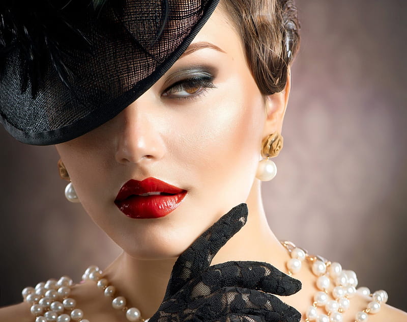 Vintage Beauty, model, black hat, earrings, hair style, classic lady, make up, femininity, beauty, pearls, fashion, red lips, vintage, HD wallpaper