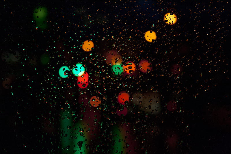 glass, drops, glare, lights, night, dark, macro, HD wallpaper