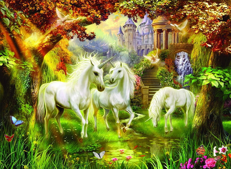 Unicorns, fairyland, trees, castle, artwork, horses, HD wallpaper