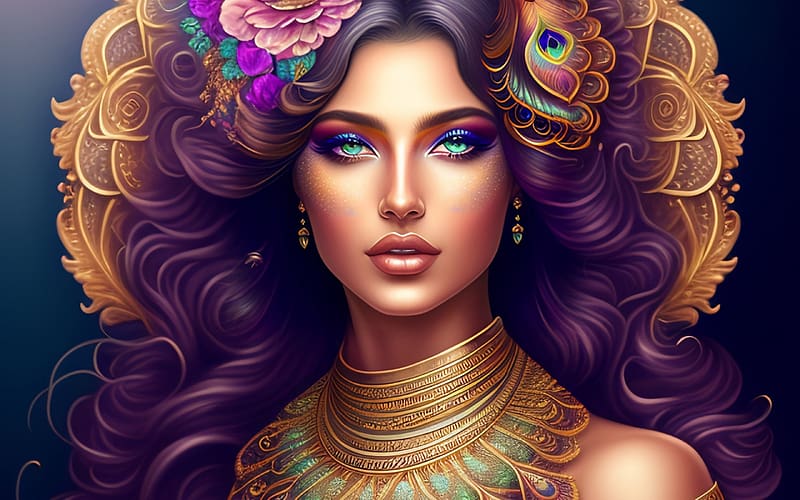 Fantasy Girl Purple Feather Neuroset Art Flower Face Girl Woman Fantasy Hd Wallpaper 