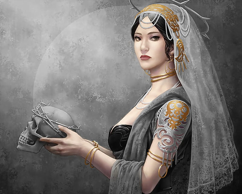Crown of Thorns, bracelet, fantasy, moon, female, necklace, lace, skull, HD wallpaper