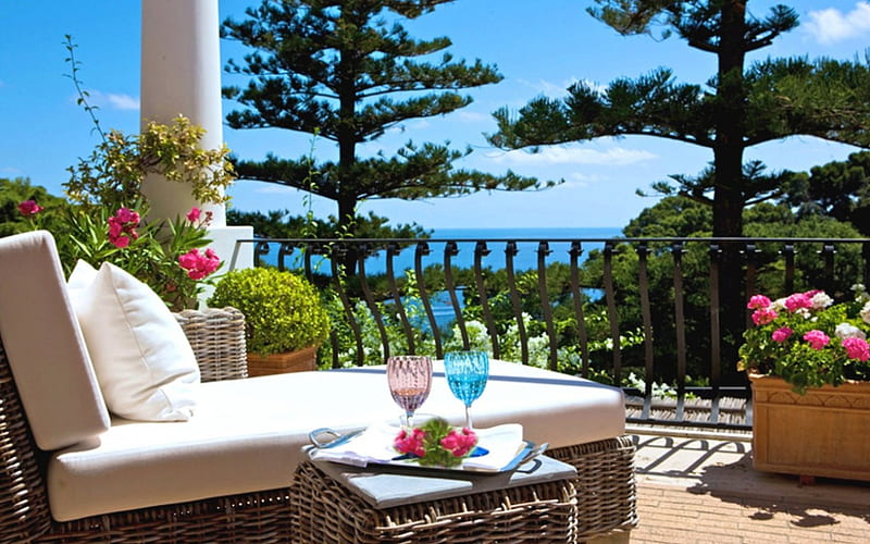 Morning on the beautiful island Capri - Italy, flowers, breakfast, island, Capri, HD wallpaper