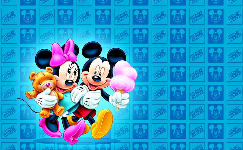 Minnie and Mickey, teddy, toy, bear, yellow, valentine, sweet, Mickey, animation, mouse, love, Minnie, pink, couple, disney, blue, HD wallpaper