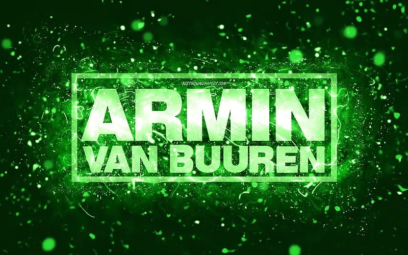 Armin van Buuren green logo dutch DJs, green neon lights, creative, green abstract background, Armin van Buuren logo, music stars, Armin van Buuren, HD wallpaper