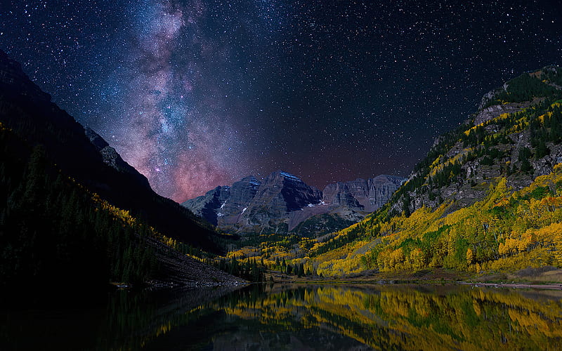 Milky Way On Starry Night Landscape , milky-way, trees, landscape, nature, stars, HD wallpaper