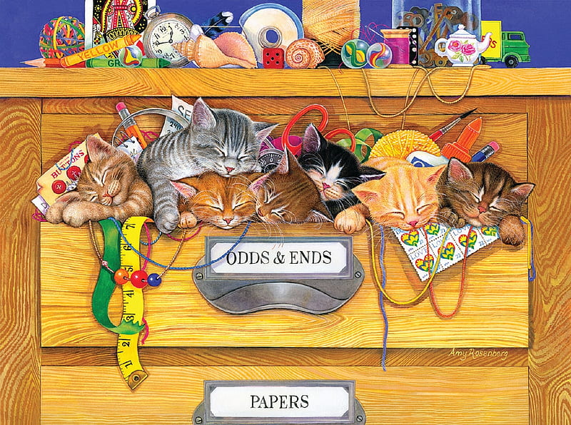 Sleeping kittens, cute, art, sleep, painting, amy rosenberg, kitten, cat, pisici, pictura, HD wallpaper