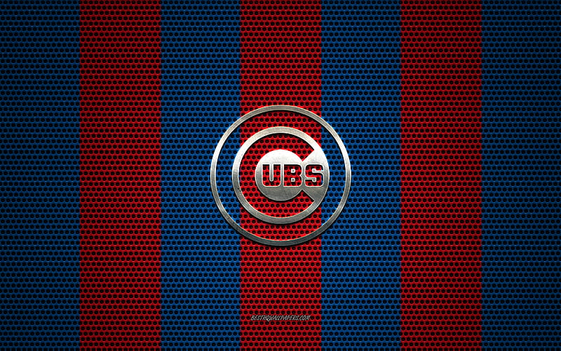 Chicago Cubs logo, American baseball club, metal emblem, red blue metal mesh background, Chicago Cubs, MLB, Chicago, Illinois, USA, baseball, HD wallpaper