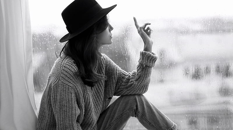 Women, Mood, Black & White, Girl, rain, Sweater, Window, HD wallpaper