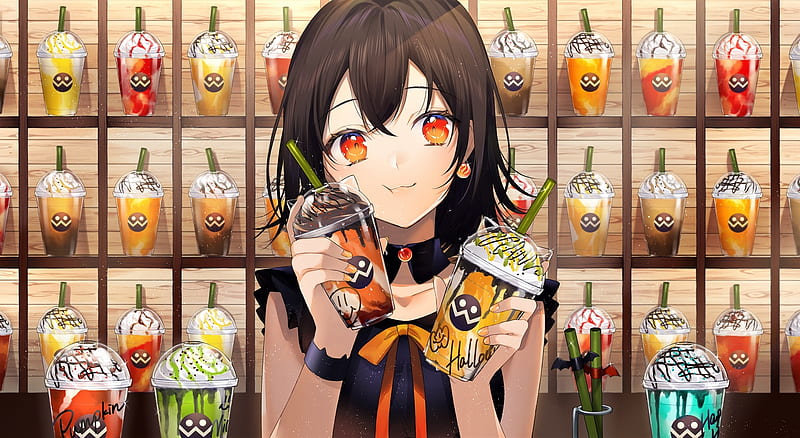 Anime girl, waitress, coffee shop, cute, orange eyes, sweet drinks, Anime,  HD wallpaper | Peakpx