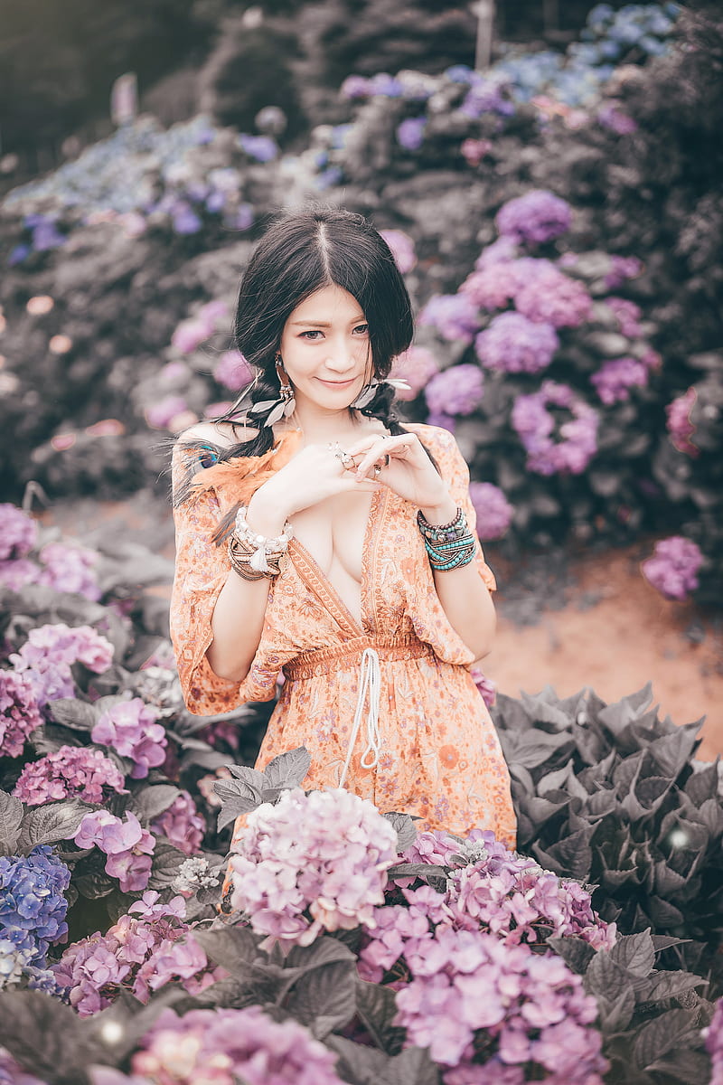 flowers, plants, Asian, women, model, women outdoors, dark hair, HD phone wallpaper