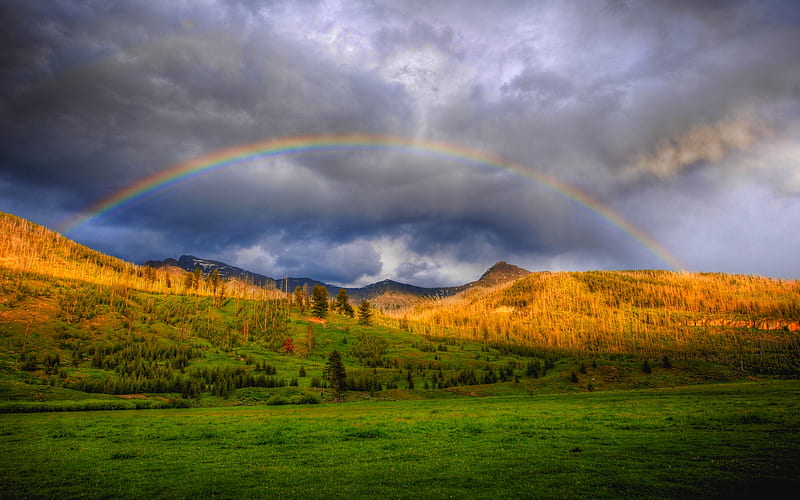 RAINBOW BEAUTY, hills, grass, dark, rainbow, clouds, sky, field, HD wallpaper