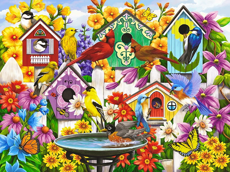 Garden neighbors, art, colorful, birds, fun, nieghbor, spring, bonito, joy, cardinals, gathering, garden, birdhouse, flowers, HD wallpaper