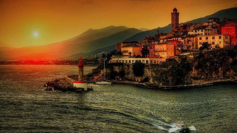 Sunset at the Amalfi Coast, Italy, houses, village, boat, sea, lighthouse, hills, mediterranean, HD wallpaper