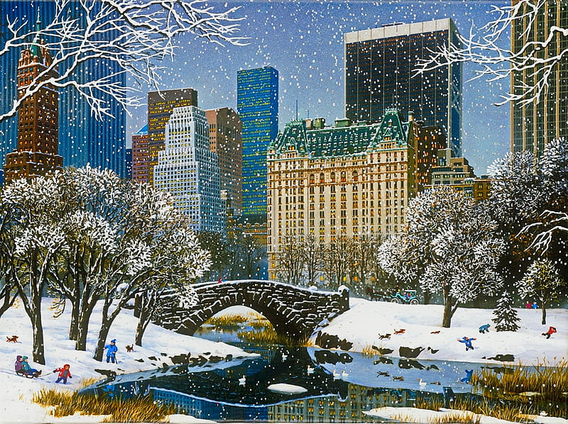 Central park in winter, art, New York, city, Central park, bridge, snow, bonito, winter, HD wallpaper