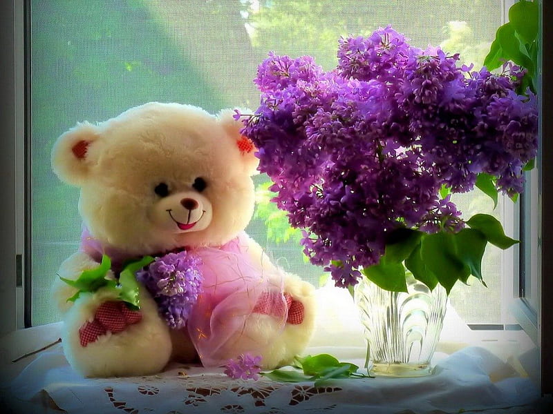 Teddy bear still life, lilac, pretty, house, home, vase, bonito, still life, leaves, nice, flowers, room, tender, cozy, lovely, window, delicate, gift, teddy bear, HD wallpaper