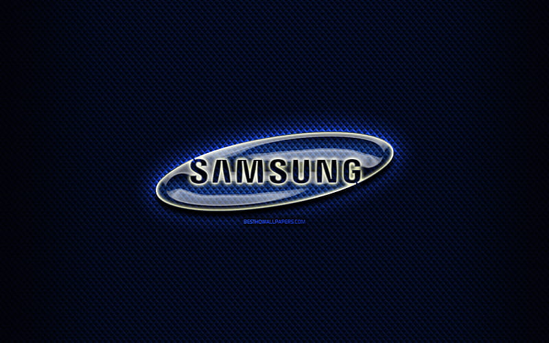 Samsung glass logo, blue background, artwork, brands, Samsung logo, creative, Samsung, HD wallpaper