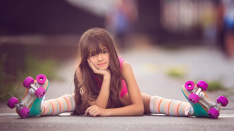Cute Little Girl Skater Is Sitting On Road Holding Face In Hand In A Blur Background Cute, HD wallpaper