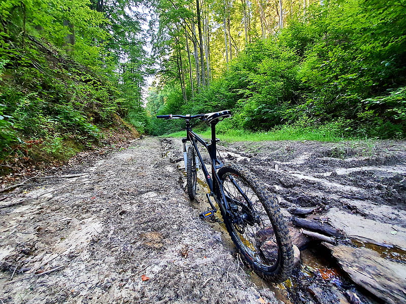 Muddy ride, bicycle, bike, dirt, downhill, landscapes, mountain, mud, specialized, HD wallpaper