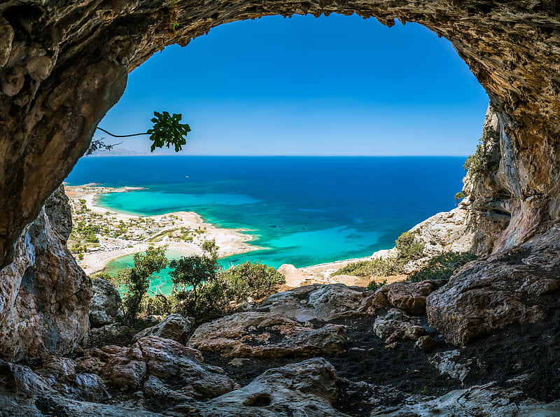 Mediterranean Sea, Sea, Greece, Rocks, Cave, Crete, HD wallpaper
