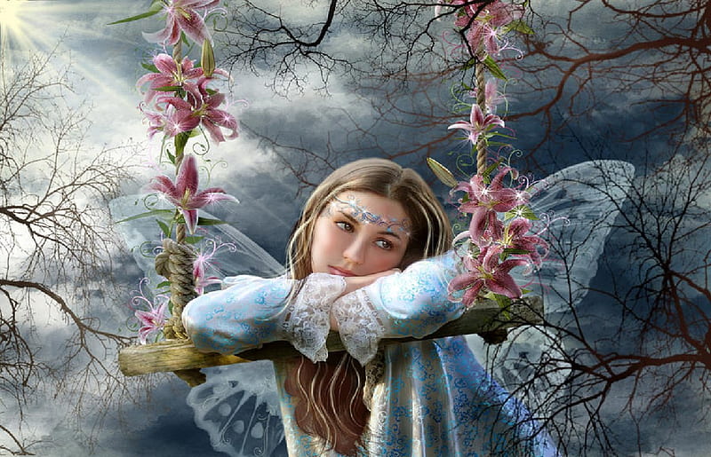 Day Dreaming, flowers, fantasy, swing, fairy, HD wallpaper
