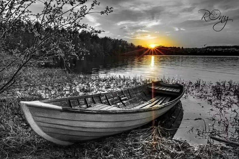 Sunset, boat, splendor, nature, lake, two colors, landscape, HD wallpaper