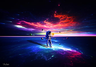 cosmonaut, astronaut, space suit, space, planets, colorful, HD wallpaper