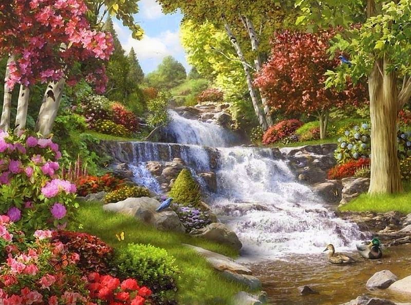 Falls Somewhere, love four seasons, ducks, attractions in dreams, trees, waterfalls, parks, flowers, nature, butterfly designs, falls, HD wallpaper