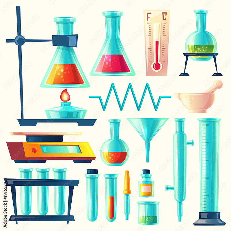Vector cartoon laboratory equipment, glassware set. Chemical, biological pharmaceutical science lab research, analysis, experiment tools. Isolated illustration with flasks, test tube, beaker, burner. Stock Vector. Adobe Stock, Biology Cartoon, HD phone wallpaper