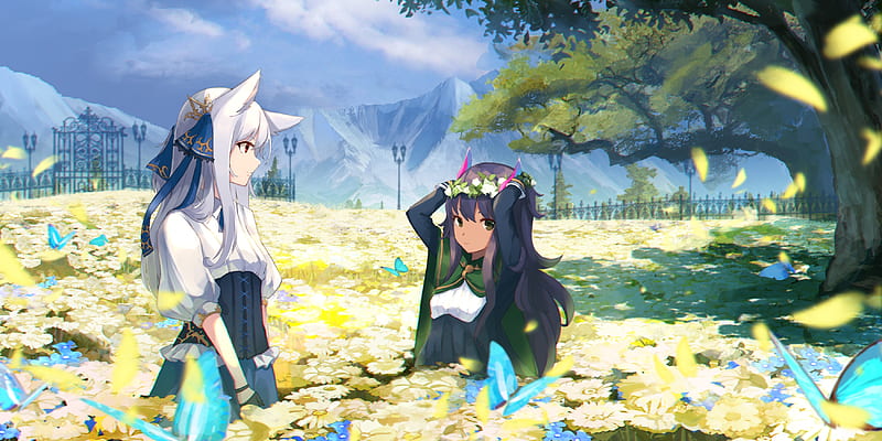 anime girls, animal ears, flowers, butterflies, scenic, Anime, HD wallpaper