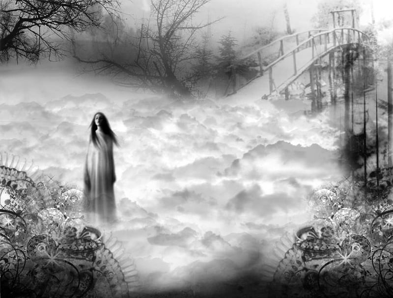 Death in the Clouds, designs, bridge, trees, clouds, woman, fog, HD ...