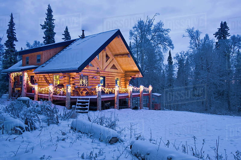 Log Cabin near Fairbanks, trees, snow, lights, house, alaska, sky, HD wallpaper