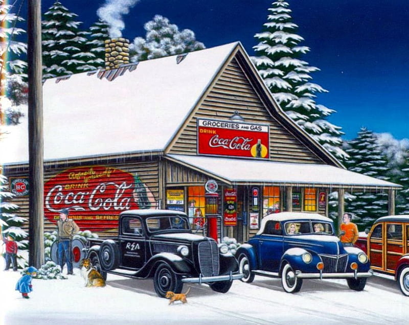 Vintage Cola, oldtimer, carros, house, snow, artwork, winter, HD wallpaper