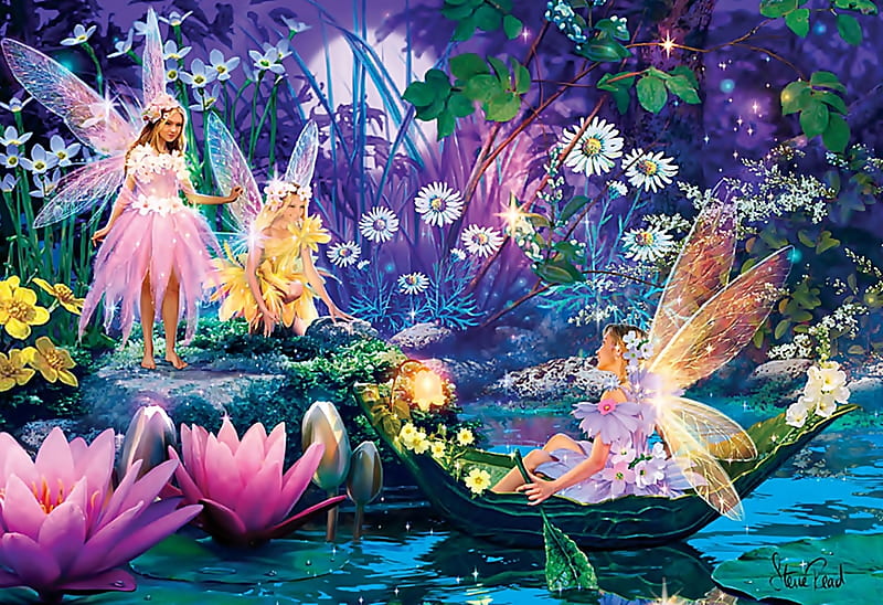 fairy lake, bonito, magic, lake, fantasy, paradise, purple, flowers, heaven, fairy, blue, HD wallpaper