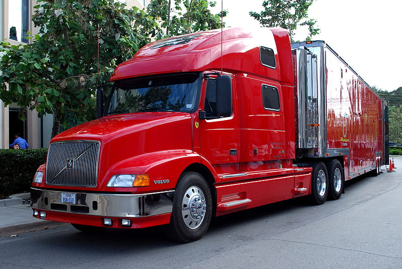 18wheeler with an identity crisis, trucker, big rig, red volvo truck, HD wallpaper