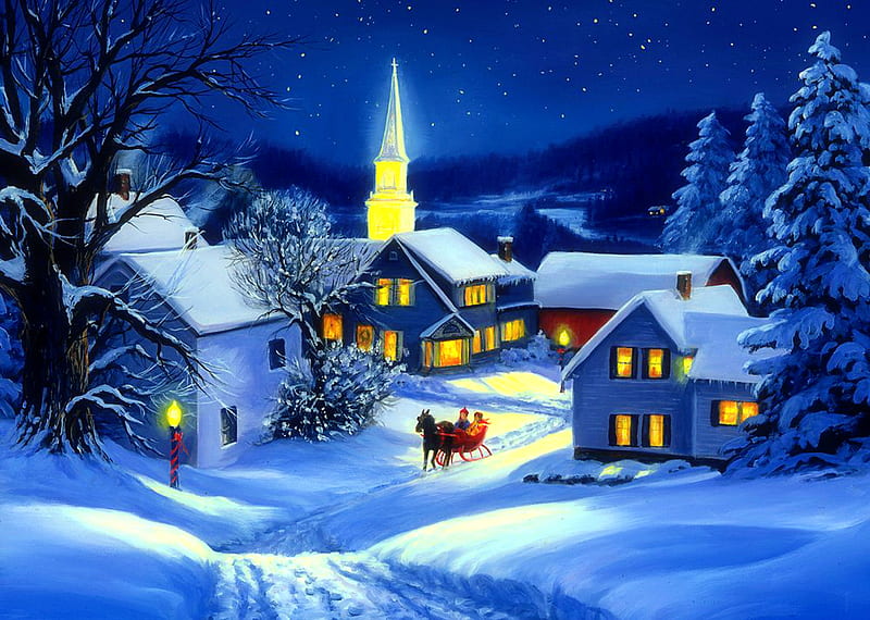 Christmas steeple, snow, christmas, houses, village, evening, night, sleigh, steeple, winter, countryside, peaceful, HD wallpaper