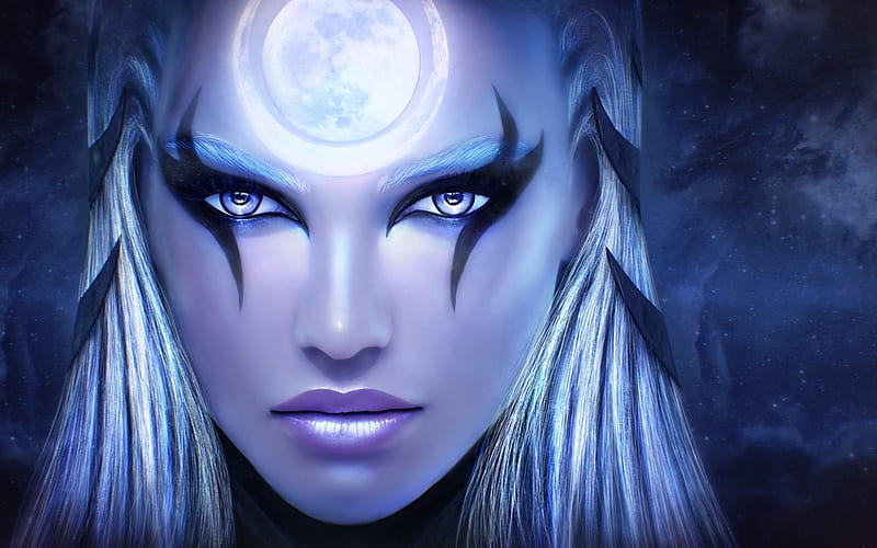 Diana, moon, luminos, game, magicnaanavi, league of legends, fantasy, moon, face, HD wallpaper