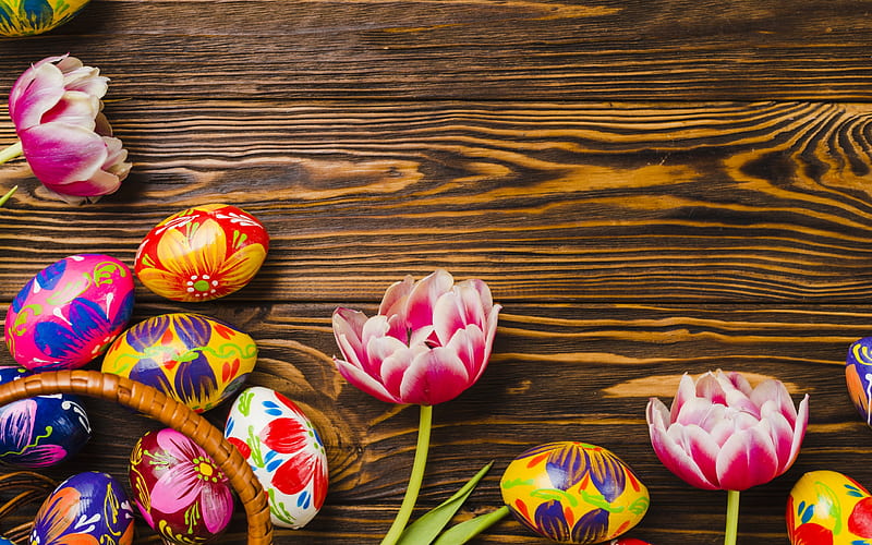 Happy Easter!, egg, brown, flower, easter, pink, wood, card, tulip, orange, HD wallpaper