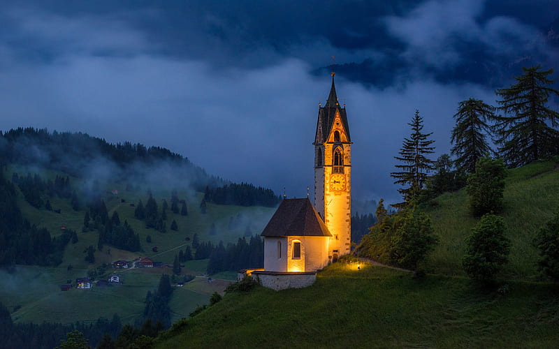 Chiesa di Santa Barbara, St Barbara Church, San Genesio, South Tyrol, Dolomites, evening, sunset, mountain landscape, Italy, mountains, HD wallpaper