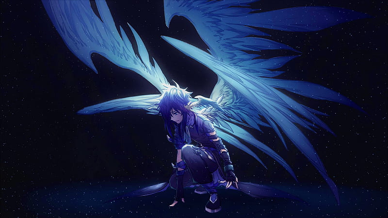 Blue Angel With Wings Anime, angel, anime, artist, artwork, digital-art, night, stars, wings, HD wallpaper