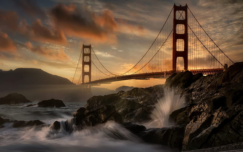 Golden Gate Bridge, San Francisco, Golden Gate Strait, evening, sunset, mountain landscape, California, USA, suspension bridge, HD wallpaper