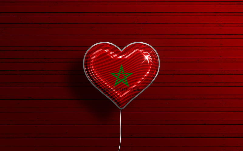 I Love Morocco realistic balloons, red wooden background, African countries, Moroccan flag heart, favorite countries, flag of Morocco, balloon with flag, Moroccan flag, Morocco, Love Morocco, HD wallpaper