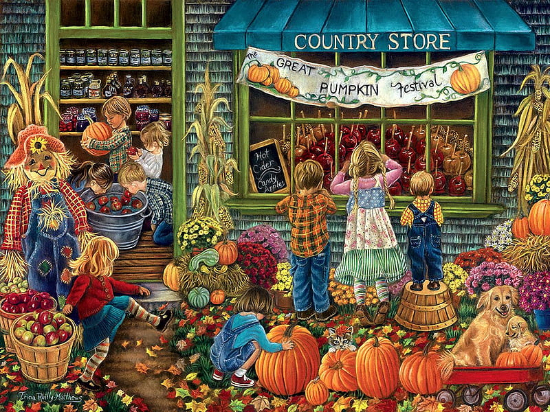 Pumpkin Festival, pumpkins, shop, window, painting, children, scarecrow, artwork, HD wallpaper