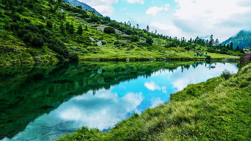 Mountain Alpines, mountain, cloud, green, grass, river, sky, lake, alpine, HD wallpaper