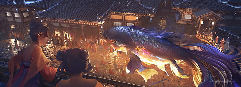 Lucky fish, golden, yuguo xue, view from the top, art, frumusete, fish, luminos, superb, fantasy, pesti, girl, gorgeous, HD wallpaper