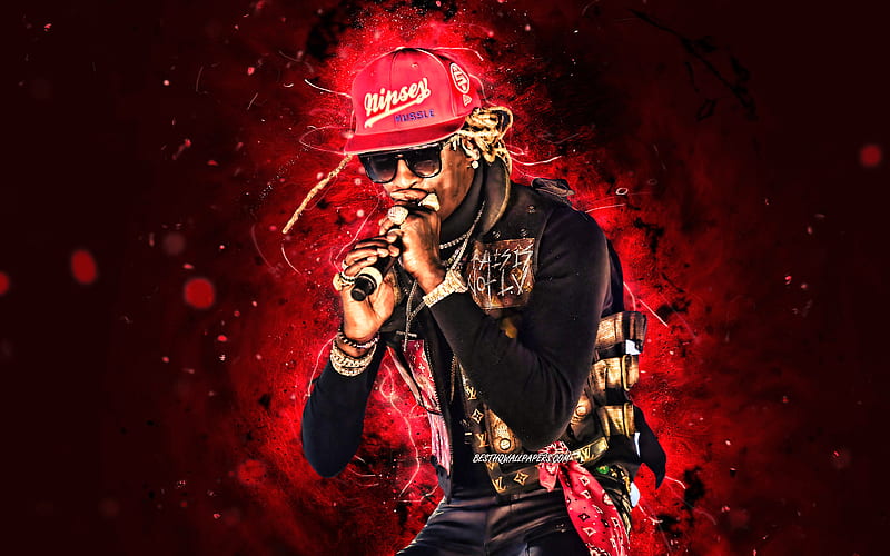 Young Thug, 2020 red neon lights, american rapper, concert, music stars, creative, Young Thug with microphone, Jeffery Lamar Williams, american celebrity, Young Thug, HD wallpaper
