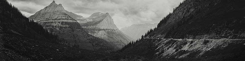 Glacier National Park Black and White Landscape Ultra, Black and White, landscape, white, scenery, mountains, travel, black, panorama, montana, united states, HD wallpaper