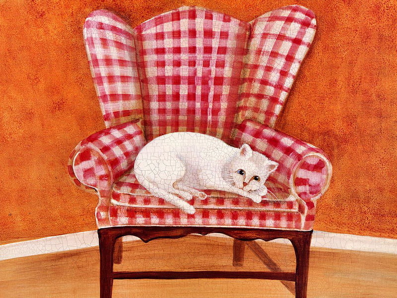White kitten on chair, painting, chair, cat, kitten, animal, HD wallpaper